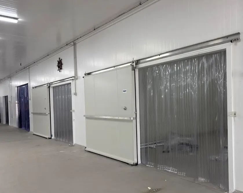 Clear PVC strip curtains installed in a warehouse doorway to reduce heat loss and improve temperature control during autumn